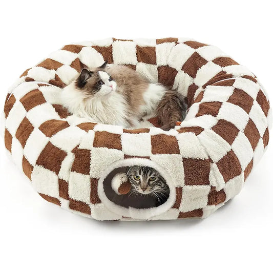 2-In-1 Plaid Universal Cat Tunnel Bed - Cute Donut Design, Hidden Play Space, Washable Circle Cushion, Studded Grip Base for Indoor Cats up to 15 Lbs, Cozy Retreat for Kittens