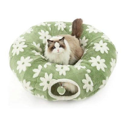 2-In-1 Plaid Universal Cat Tunnel Bed - Cute Donut Design, Hidden Play Space, Washable Circle Cushion, Studded Grip Base for Indoor Cats up to 15 Lbs, Cozy Retreat for Kittens
