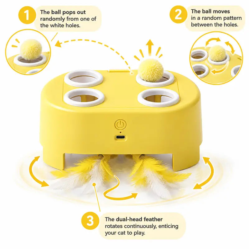 2-in-1 Interactive Cat Hunting Toy - Pop-Up Mice and Rotating Feather with USB-C Rechargeable Feature - Alleviates Indoor Boredom for Cats