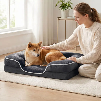 Sweetcrispy Large Orthopedic Memory Foam Sofa Bed for Dogs - 3-Sided Bolsters, Waterproof Fleece Detachable Cover, Non-Slip Base, Joint Relief, Extra Neck & Head Support, 20.0" L x 24.0" W x 8.0" H