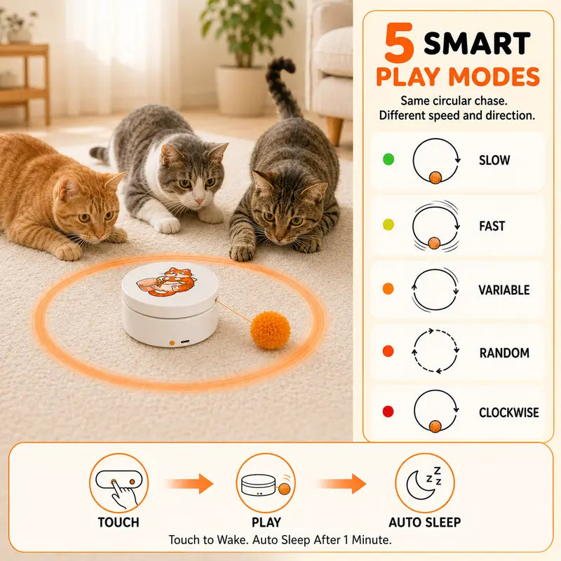 Smart Rotating Interactive Cat Teaser Toy - Rechargeable with 5 Play Modes, Touch-To-Wake, Auto Sleep, Multi-Surface Mounting, and Replaceable String for Indoor Cats & Kittens