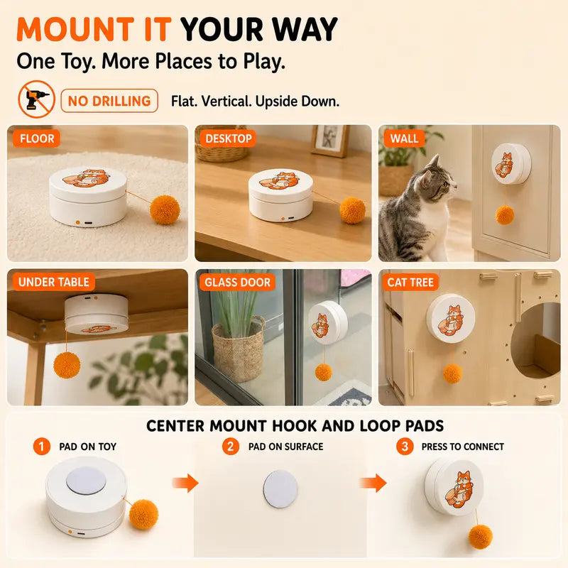 Smart Rotating Interactive Cat Teaser Toy - Rechargeable with 5 Play Modes, Touch-To-Wake, Auto Sleep, Multi-Surface Mounting, and Replaceable String for Indoor Cats & Kittens