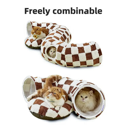 2-In-1 Plaid Universal Cat Tunnel Bed - Cute Donut Design, Hidden Play Space, Washable Circle Cushion, Studded Grip Base for Indoor Cats up to 15 Lbs, Cozy Retreat for Kittens