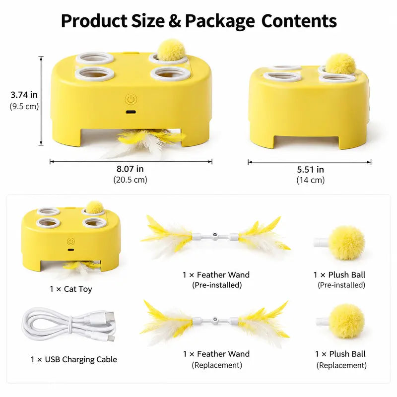 2-in-1 Interactive Cat Hunting Toy - Pop-Up Mice and Rotating Feather with USB-C Rechargeable Feature - Alleviates Indoor Boredom for Cats