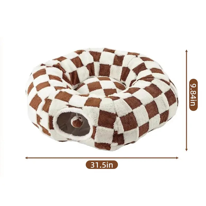 2-In-1 Plaid Universal Cat Tunnel Bed - Cute Donut Design, Hidden Play Space, Washable Circle Cushion, Studded Grip Base for Indoor Cats up to 15 Lbs, Cozy Retreat for Kittens