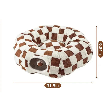 2-In-1 Plaid Universal Cat Tunnel Bed - Cute Donut Design, Hidden Play Space, Washable Circle Cushion, Studded Grip Base for Indoor Cats up to 15 Lbs, Cozy Retreat for Kittens