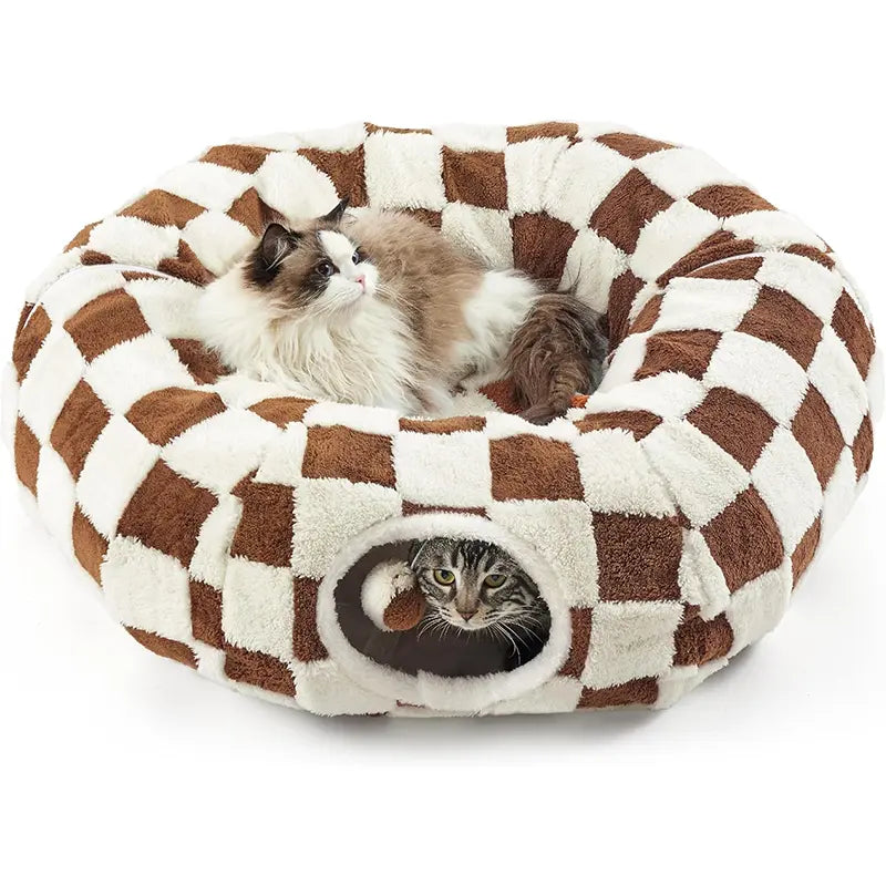 2-In-1 Plaid Universal Cat Tunnel Bed - Cute Donut Design, Hidden Play Space, Washable Circle Cushion, Studded Grip Base for Indoor Cats up to 15 Lbs, Cozy Retreat for Kittens