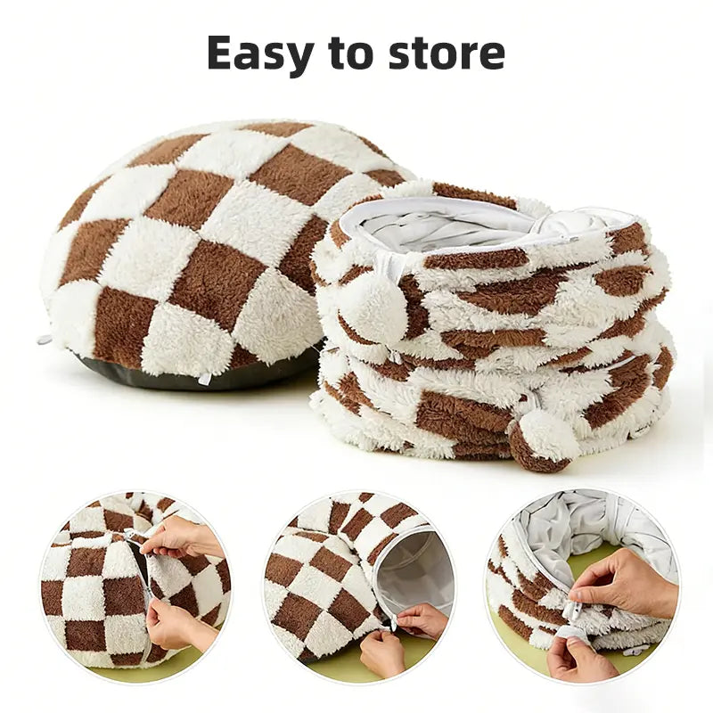 2-In-1 Plaid Universal Cat Tunnel Bed - Cute Donut Design, Hidden Play Space, Washable Circle Cushion, Studded Grip Base for Indoor Cats up to 15 Lbs, Cozy Retreat for Kittens
