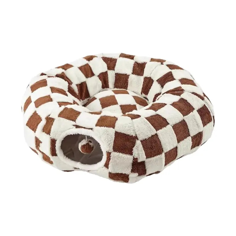 2-In-1 Plaid Universal Cat Tunnel Bed - Cute Donut Design, Hidden Play Space, Washable Circle Cushion, Studded Grip Base for Indoor Cats up to 15 Lbs, Cozy Retreat for Kittens