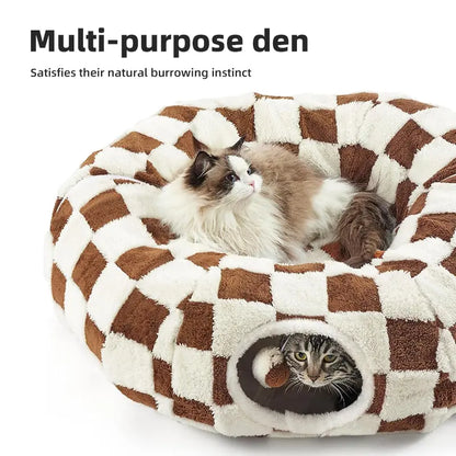 2-In-1 Plaid Universal Cat Tunnel Bed - Cute Donut Design, Hidden Play Space, Washable Circle Cushion, Studded Grip Base for Indoor Cats up to 15 Lbs, Cozy Retreat for Kittens